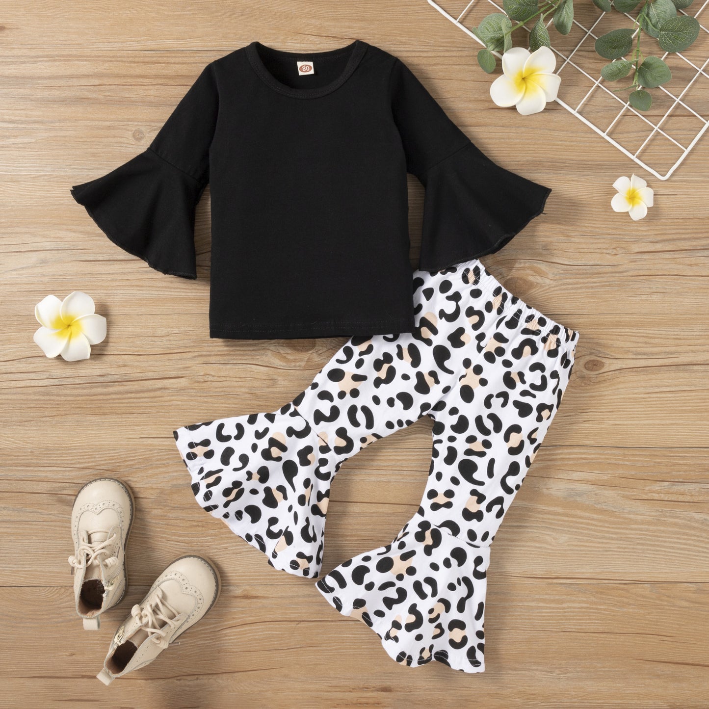 Costume décontracté pour enfants, pantalon évasé léopard