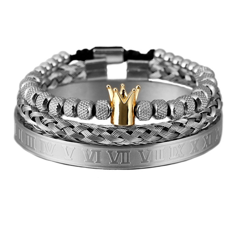 Lyxigt romerskt kungligt krona-berlockarmband för män i rostfritt stål med geometri, pulsera för män, justerbara armband för par, presentsmycken