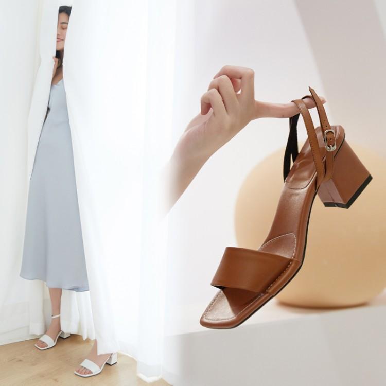 New Summer Dark Brown Leather Korean One Line Sandals Women's Thick Heel Middle Heel Simple Roman Shoes Size 40