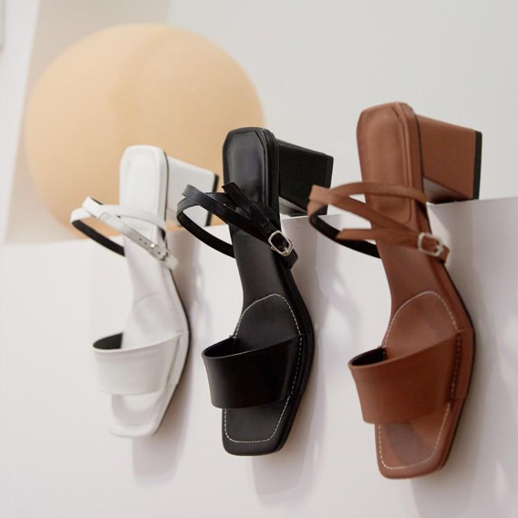 New Summer Dark Brown Leather Korean One Line Sandals Women's Thick Heel Middle Heel Simple Roman Shoes Size 40