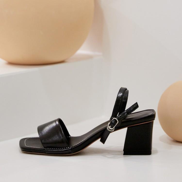 New Summer Dark Brown Leather Korean One Line Sandals Women's Thick Heel Middle Heel Simple Roman Shoes Size 40