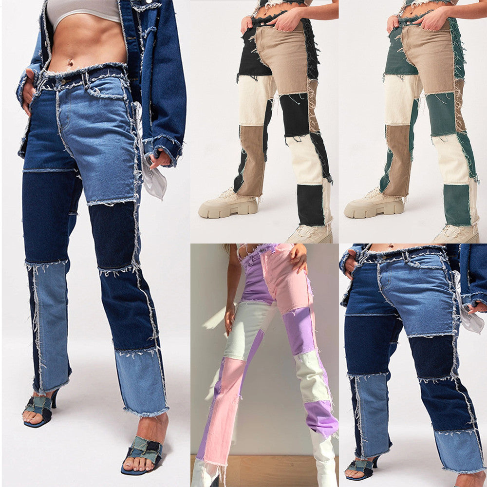 Jean à jambe droite pour femme, coutures hautement élastiques, bord brut