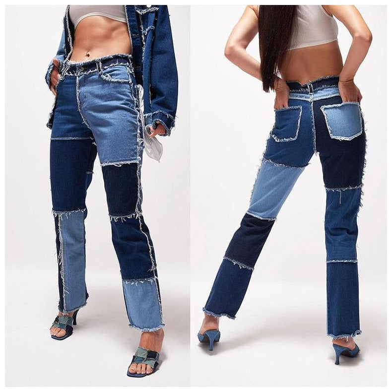Jean à jambe droite pour femme, coutures hautement élastiques, bord brut