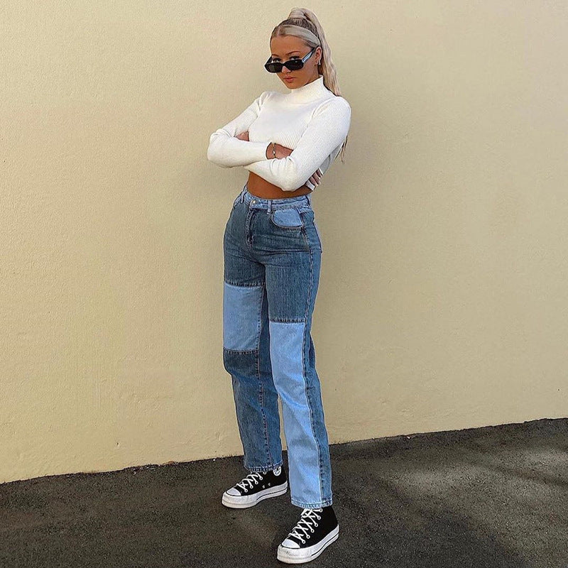 Kontrast sömmar Hög-huse Raka Jeans Kvinnor Jeans Kvinnor - Contrast Precision