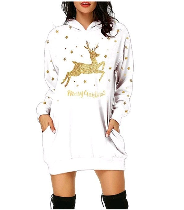 Pull à capuche et manches longues avec poche mi-longue imprimée, offre spéciale de noël
