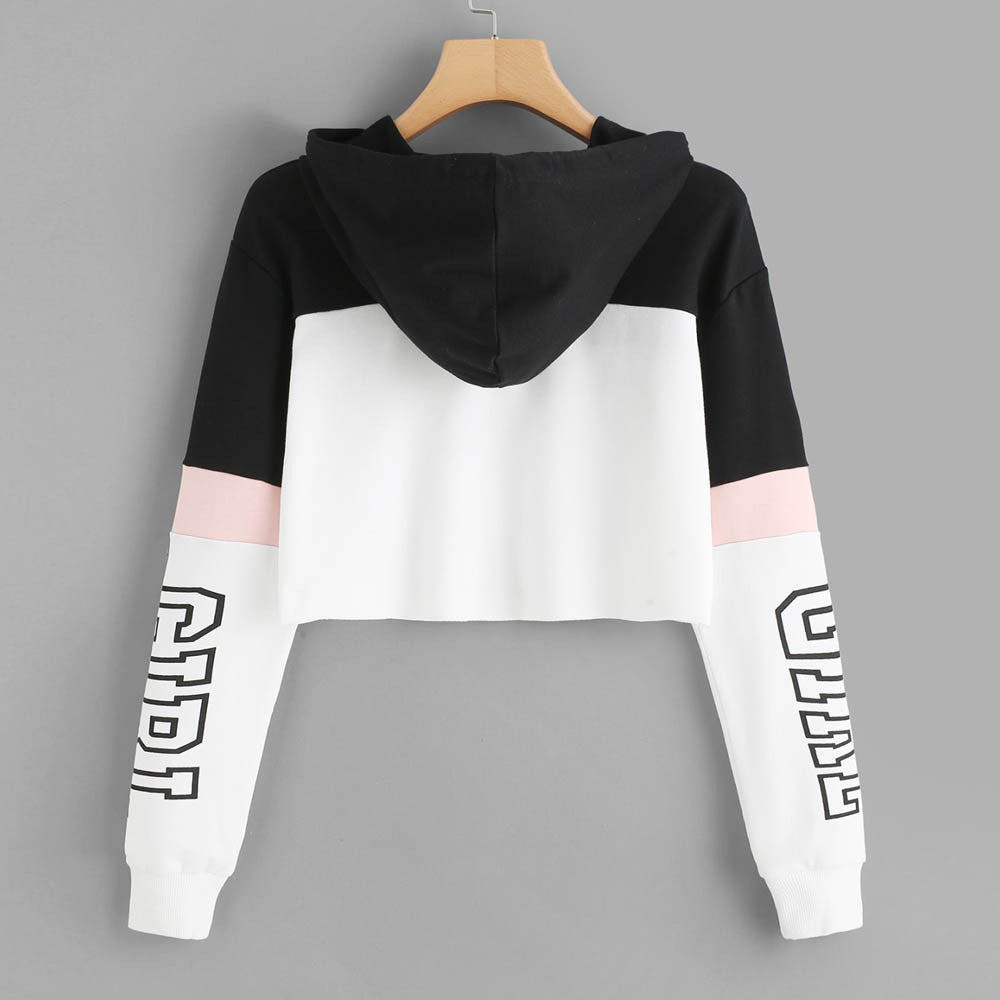 Crop Top Hoodie Sweatshirt Luvtröjor Dam Patchwork Lett