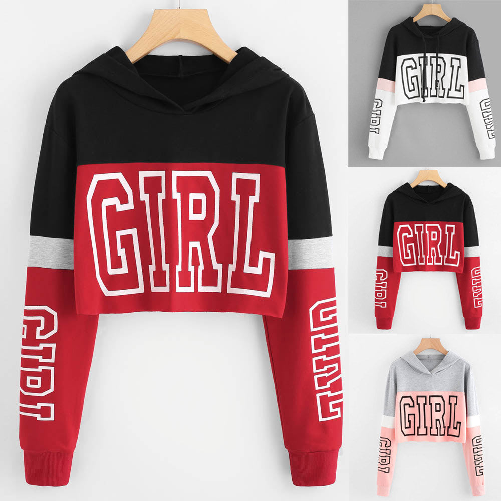 Crop Top Hoodie Sweatshirt Luvtröjor Dam Patchwork Lett