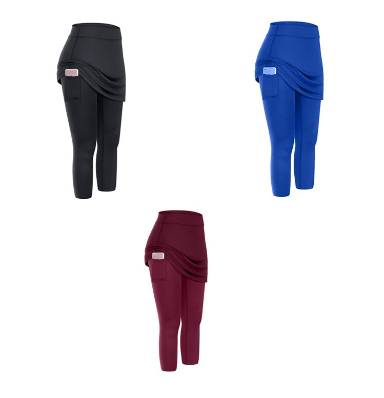 Women Tennis Skirt Leggings Pockets Elastic Sport Yoga Capris Skirts Legging