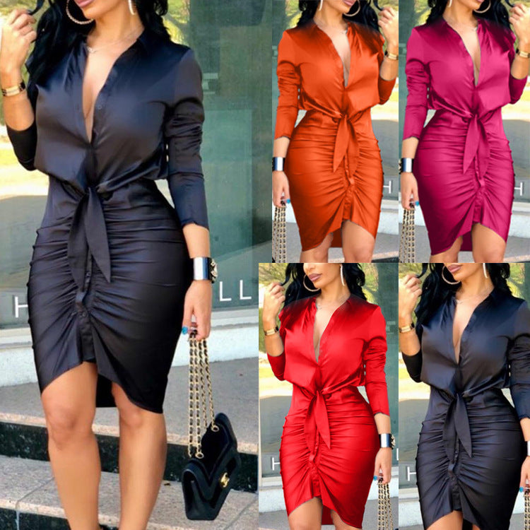 Robe mi-longue à lacets pour femmes, couleur unie, manches longues, chemise, élégante, mode, robe de soirée