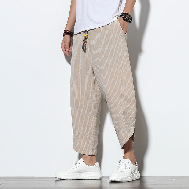 Pantalon en coton et lin de style chinois rayé grande taille sarouel ample Bloomers hommes