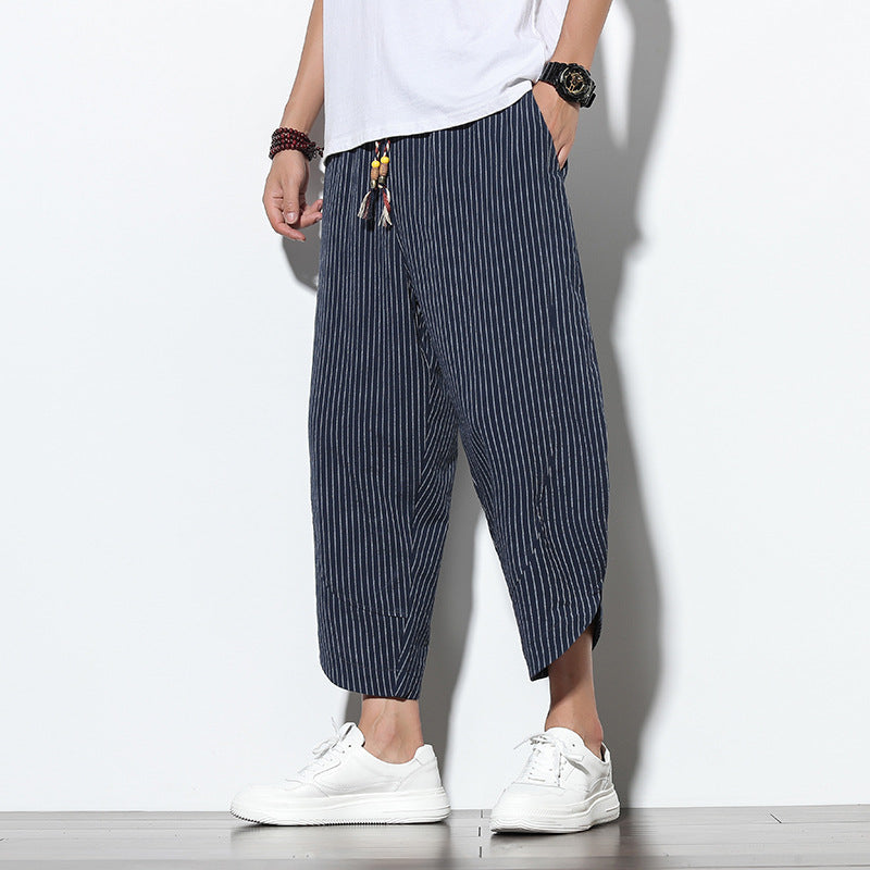 Pantalon en coton et lin de style chinois rayé grande taille sarouel ample Bloomers hommes