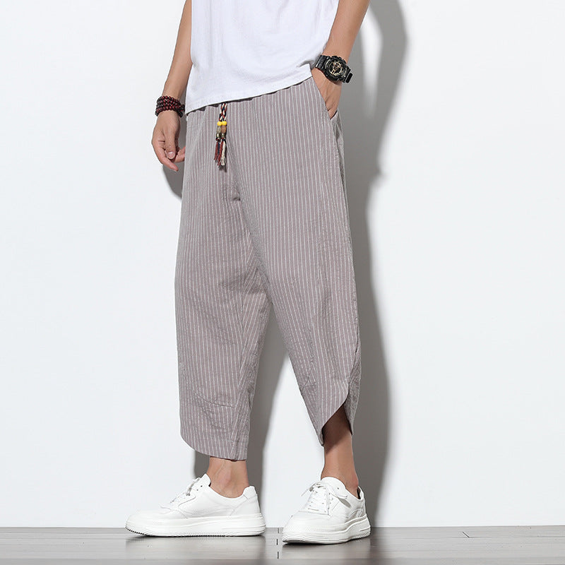 Pantalon en coton et lin de style chinois rayé grande taille sarouel ample Bloomers hommes