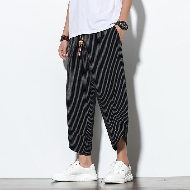 Pantalon en coton et lin de style chinois rayé grande taille sarouel ample Bloomers hommes