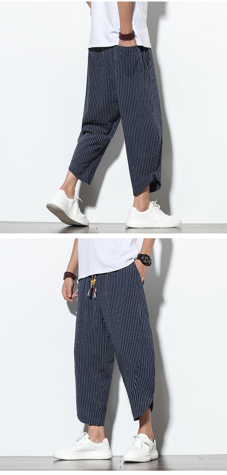Pantalon en coton et lin de style chinois rayé grande taille sarouel ample Bloomers hommes