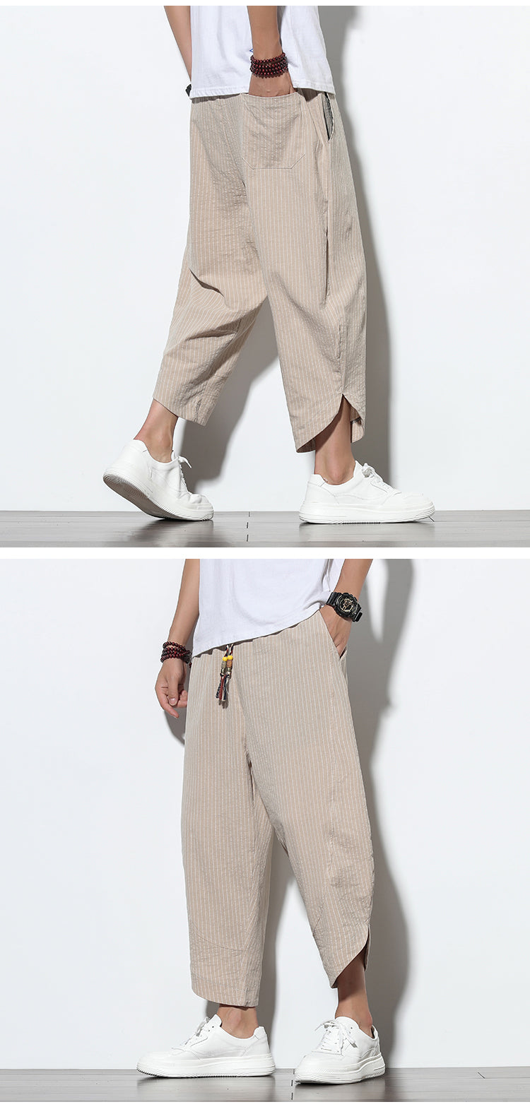 Pantalon en coton et lin de style chinois rayé grande taille sarouel ample Bloomers hommes