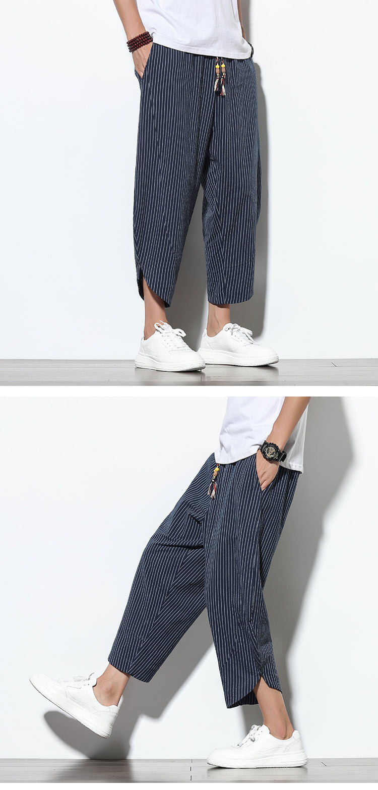 Pantalon en coton et lin de style chinois rayé grande taille sarouel ample Bloomers hommes