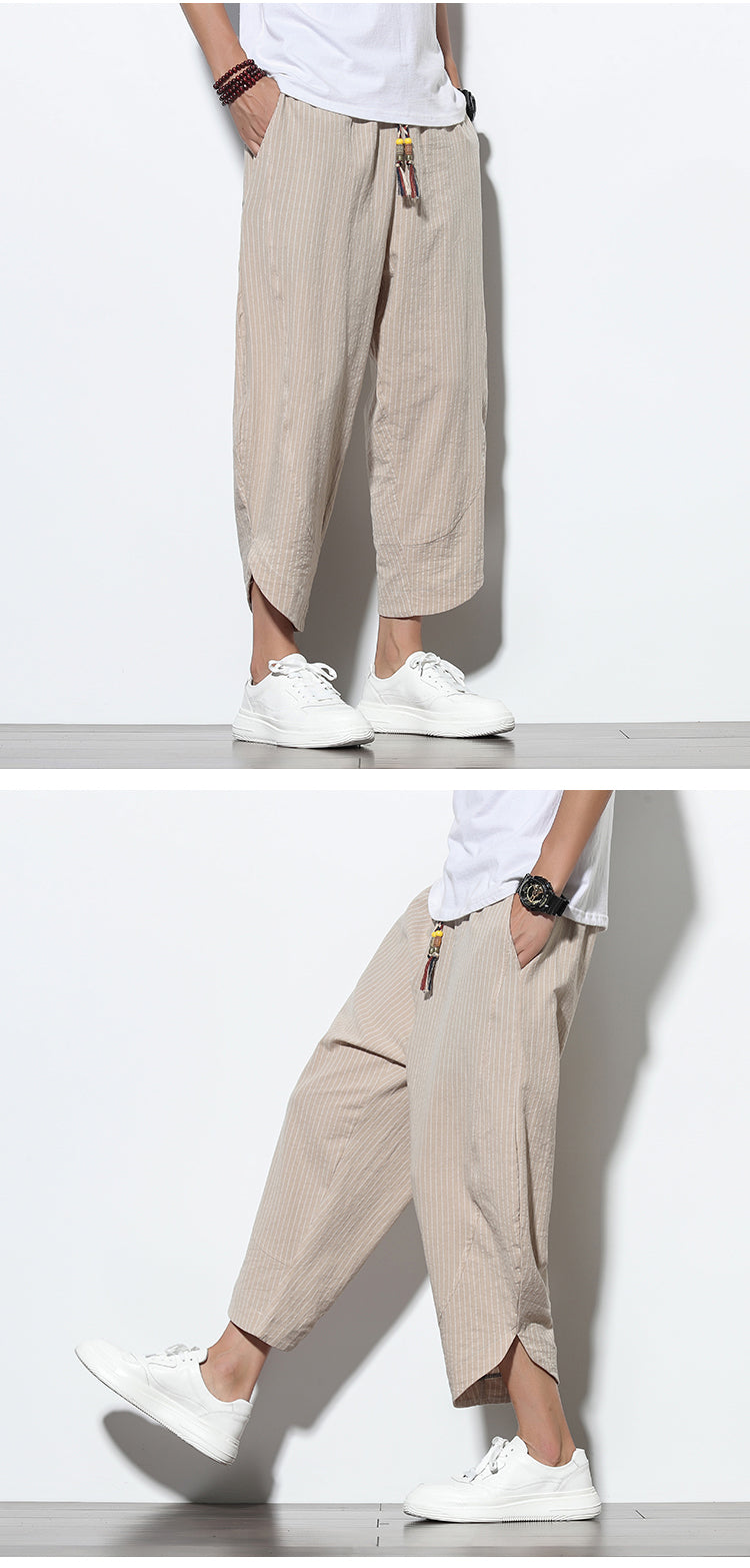 Pantalon en coton et lin de style chinois rayé grande taille sarouel ample Bloomers hommes