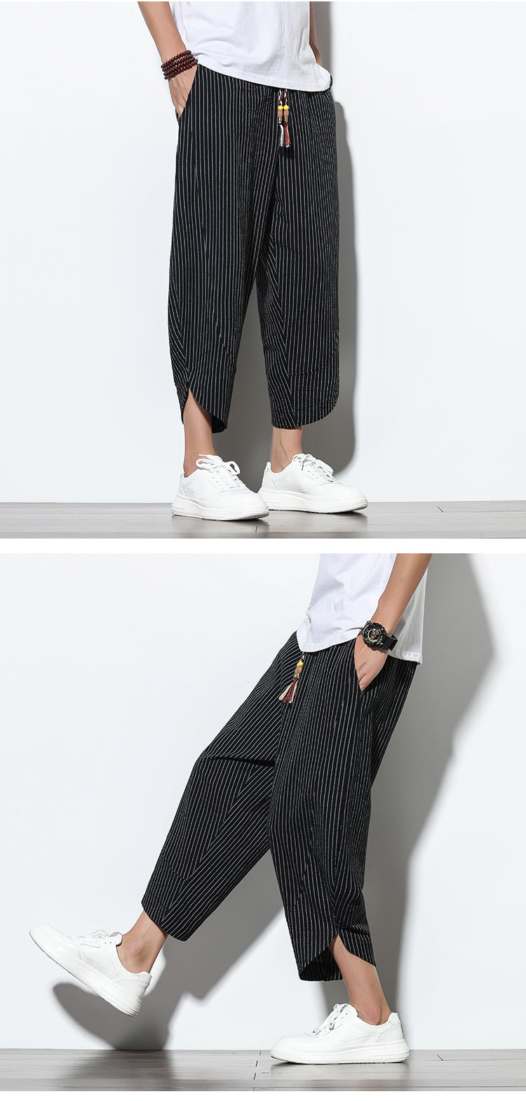Pantalon en coton et lin de style chinois rayé grande taille sarouel ample Bloomers hommes