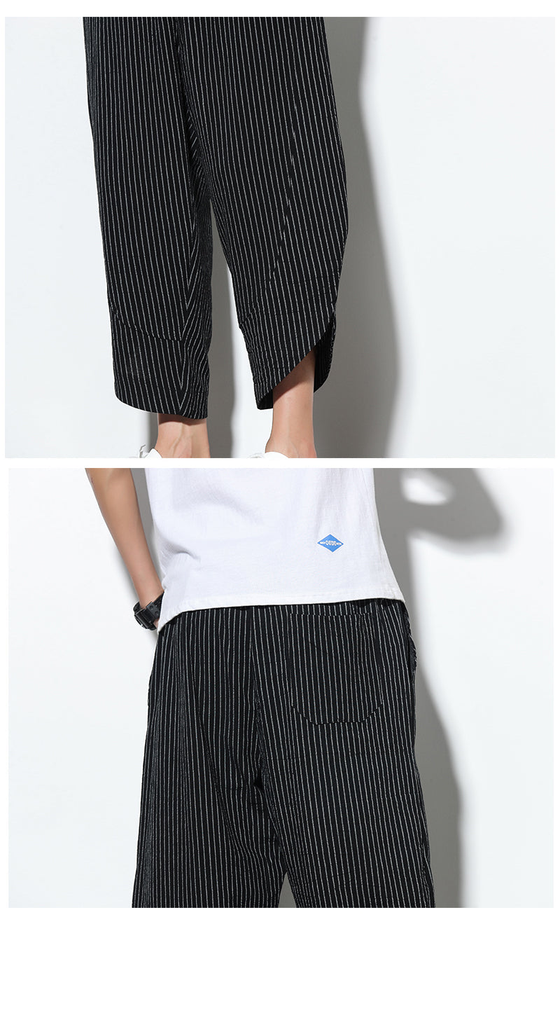 Pantalon en coton et lin de style chinois rayé grande taille sarouel ample Bloomers hommes