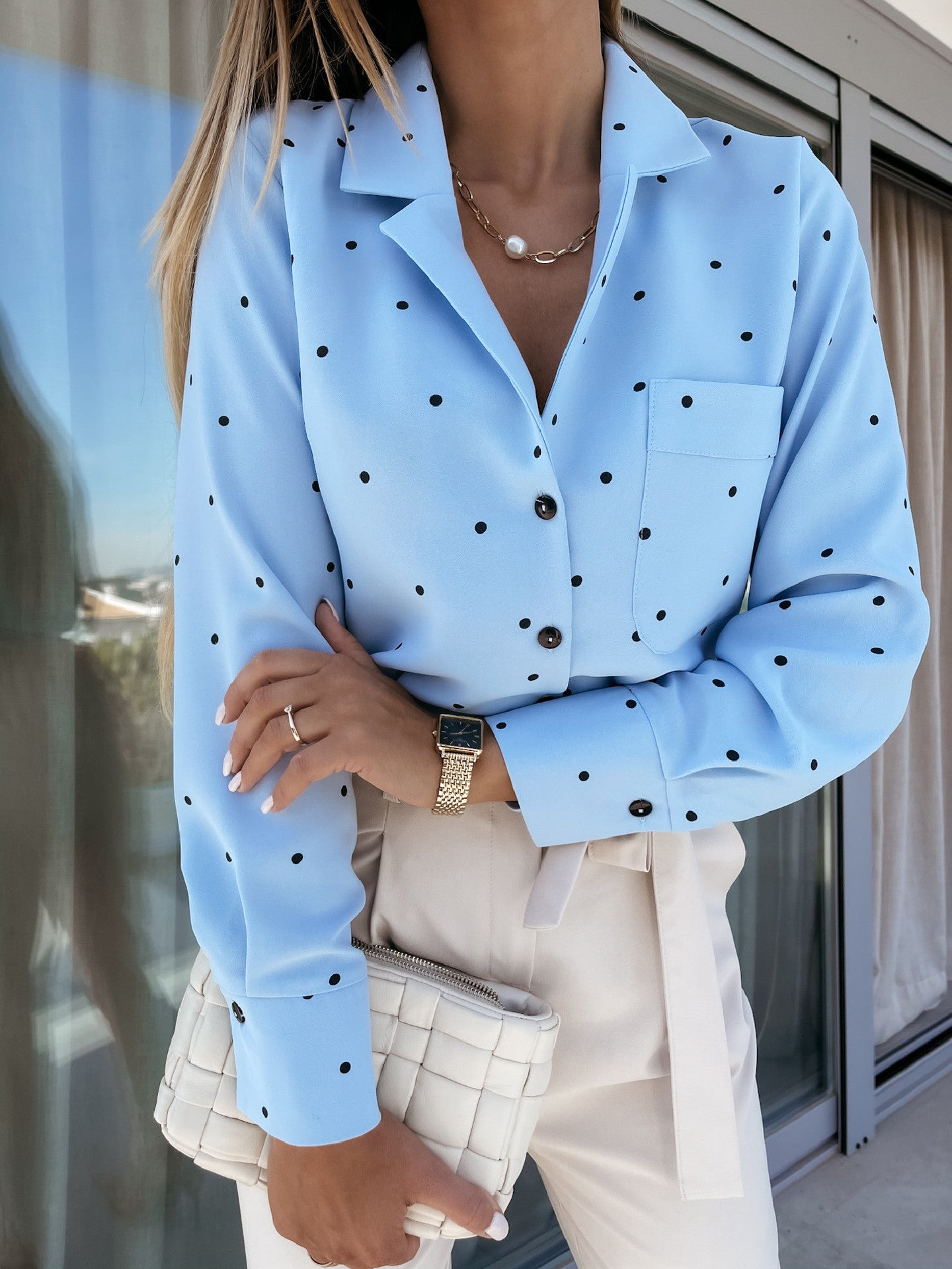 Polka Dot Long Sleeve Pocket Shirt - Stylish & Comfortable
