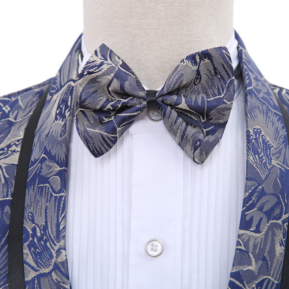 Best Man's Klänning Blå Brocade Kostym et Knapp Green Fruit Krage Med Svarta Kant British Mans TVå Bitar Kostym