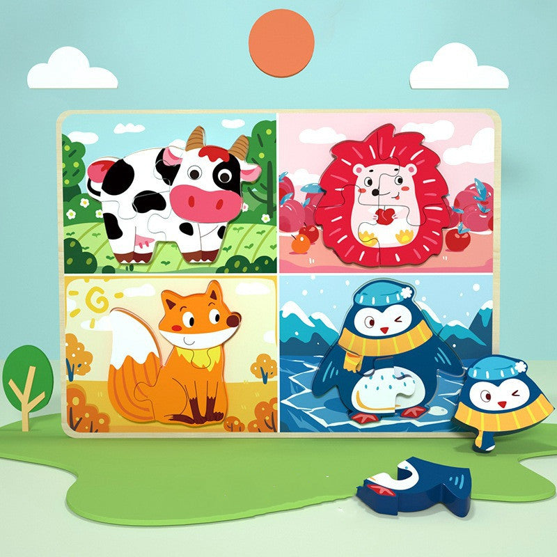 3D Puzzle Cartoon Animals Montessori Wood Puzzle Hand Grip Boards Tangram Puzzle Educational Game