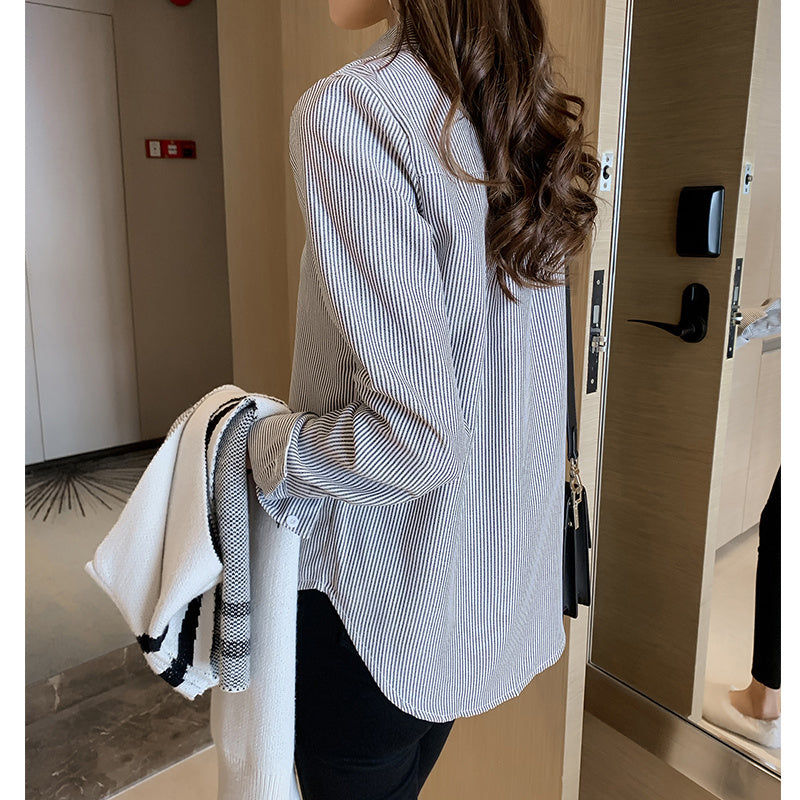 Våren Kvinnors Koreanska Style Ny Casual student tröja Bottoming skjorta Mode Loose långärmade Vertikal stridigt tröj