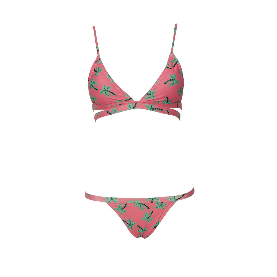 Professional Palm Print Bikini Split Set - Polyester Spandex (88% Content, S-XL, First Class Quality, European American Floral, Swimming Wading Sports)