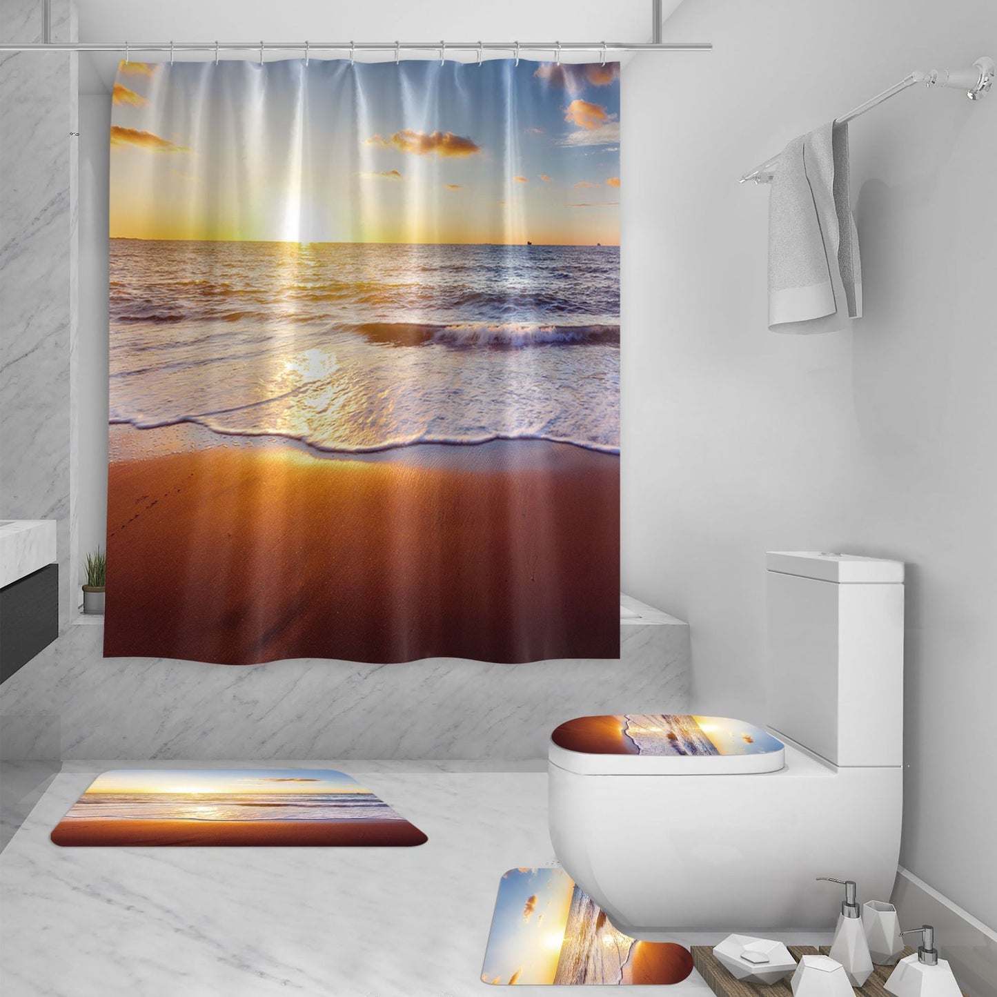 Ensemble de rideau de douche 3D, vue sur la mer, plage, impression numérique, rideau de douche imperméable en Polyester