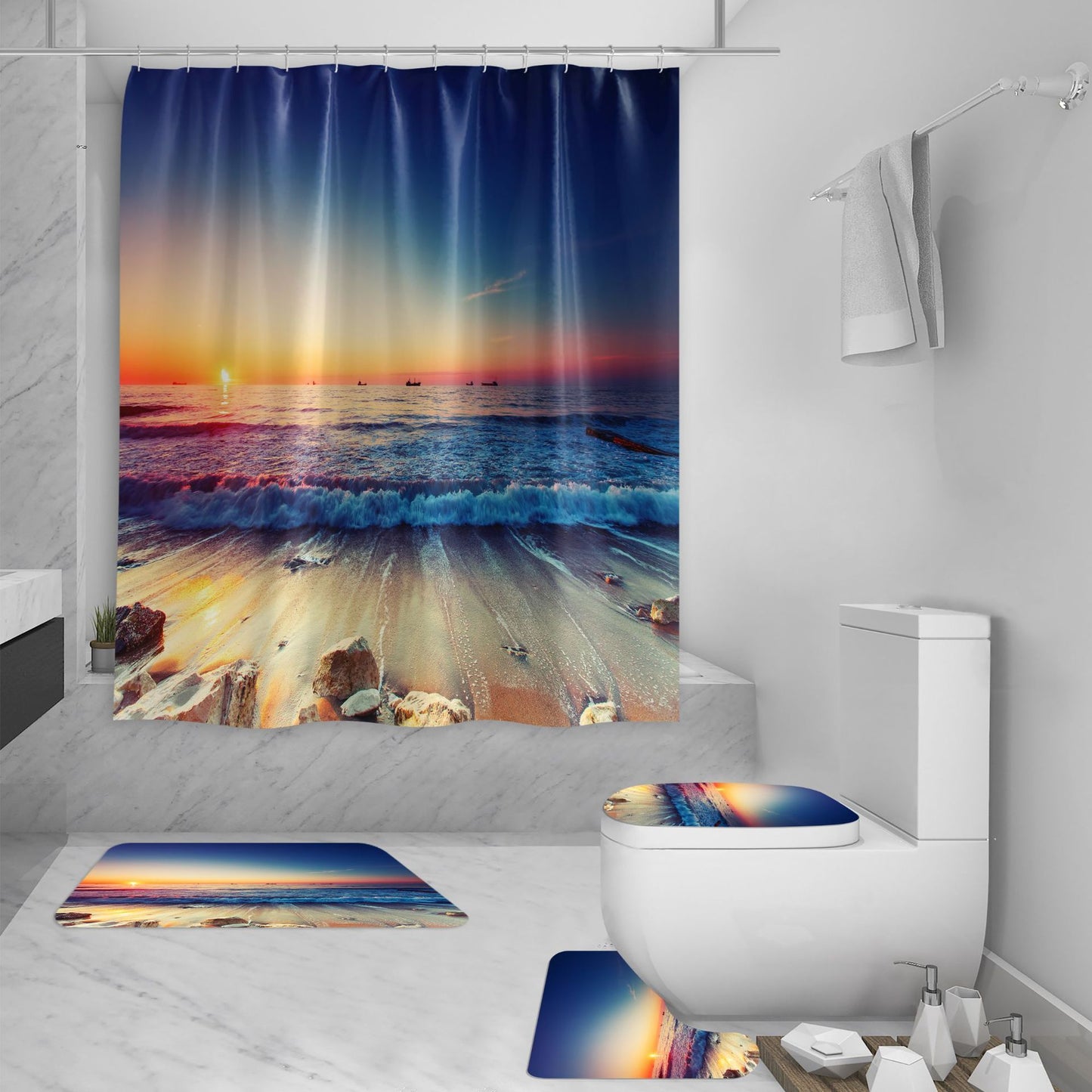 Ensemble de rideau de douche 3D, vue sur la mer, plage, impression numérique, rideau de douche imperméable en Polyester