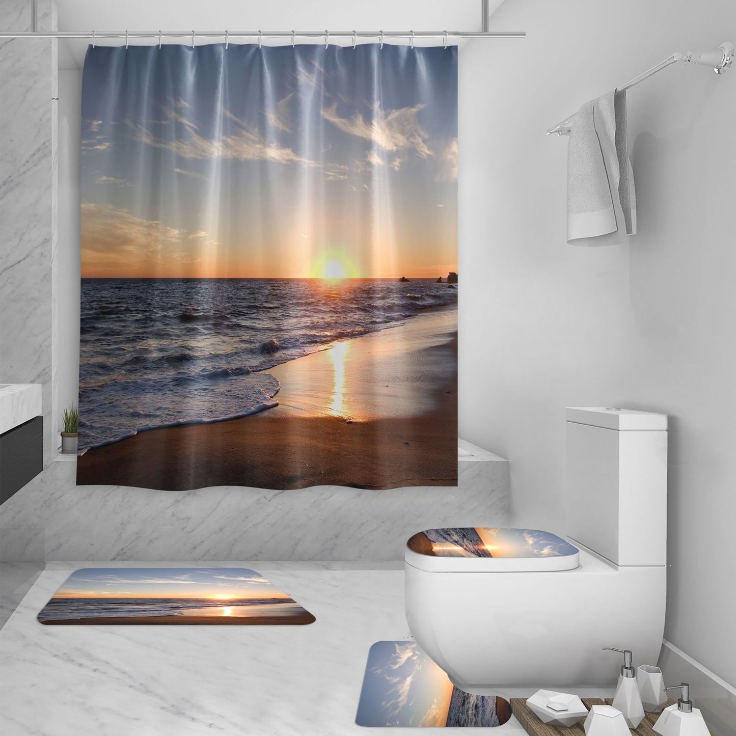 Ensemble de rideau de douche 3D, vue sur la mer, plage, impression numérique, rideau de douche imperméable en Polyester
