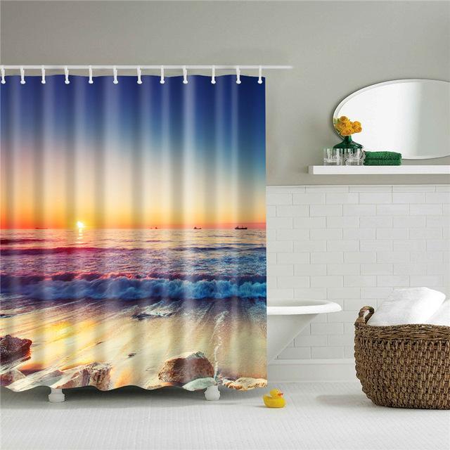 Ensemble de rideau de douche 3D, vue sur la mer, plage, impression numérique, rideau de douche imperméable en Polyester
