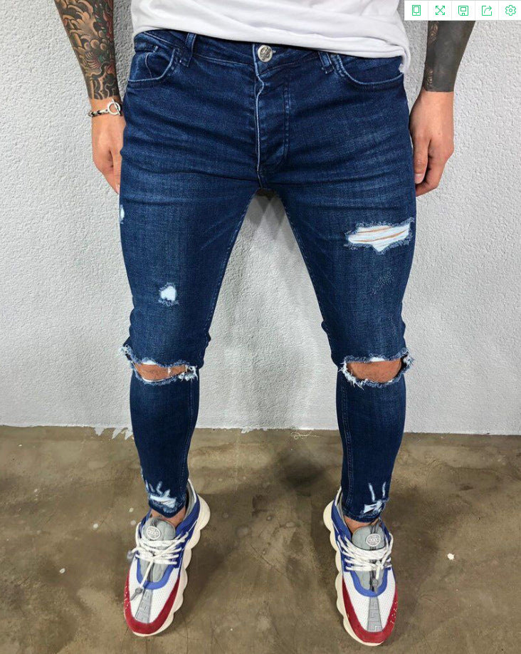Herr Jeans Svart Blå Cool Skinny Knä Hål Ripped Stretch Slim Elastiska Denim Byxor Enfärgad High Street Style Byxor Man