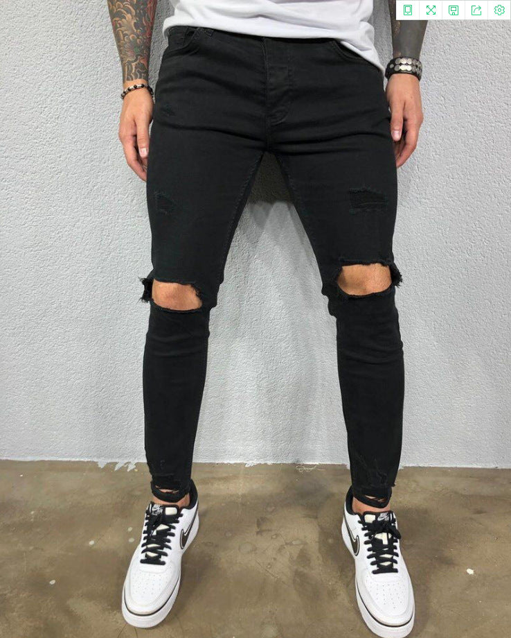 Herr Jeans Svart Blå Cool Skinny Knä Hål Ripped Stretch Slim Elastiska Denim Byxor Enfärgad High Street Style Byxor Man