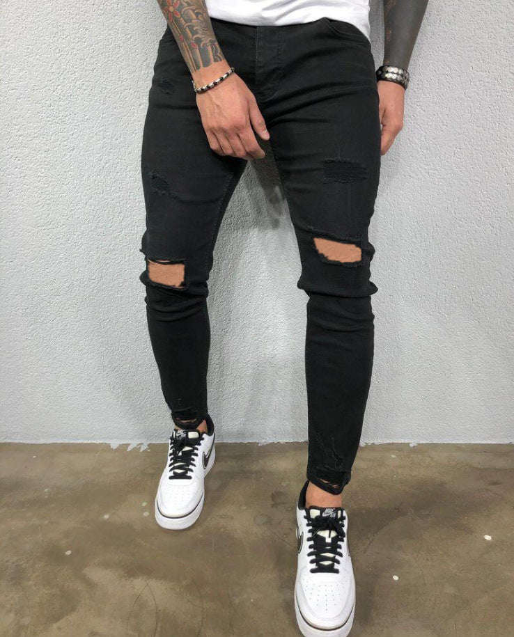 Herr Jeans Svart Blå Cool Skinny Knä Hål Ripped Stretch Slim Elastiska Denim Byxor Enfärgad High Street Style Byxor Man