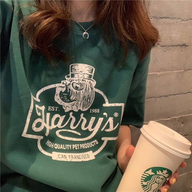 sommar ny koreansk lös tunn mångsidig bokstavstryckt student kortärmad T-shirt dam Hong Kong stil toppmode