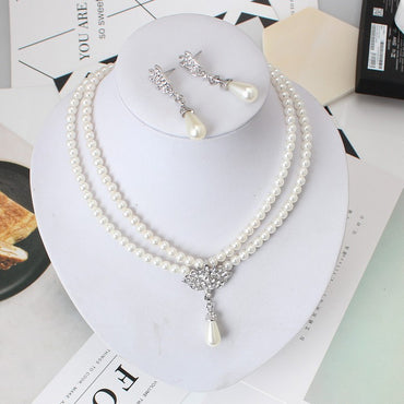 Pearl Crystal Short Collarbone Neck Necklace Set - European & American Jewelry