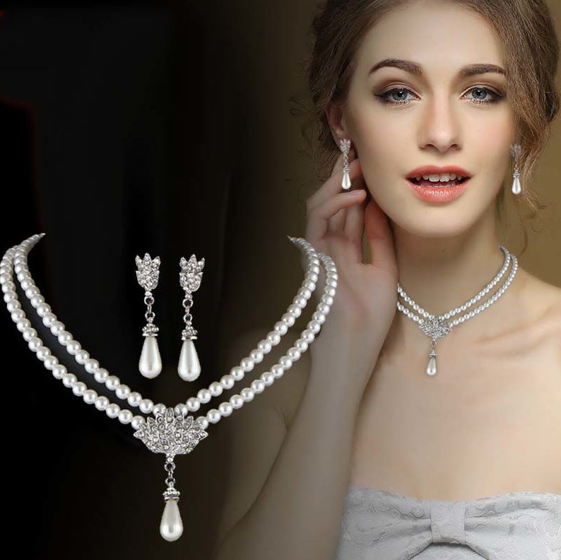 Pearl Crystal Short Collarbone Neck Necklace Set - European & American Jewelry