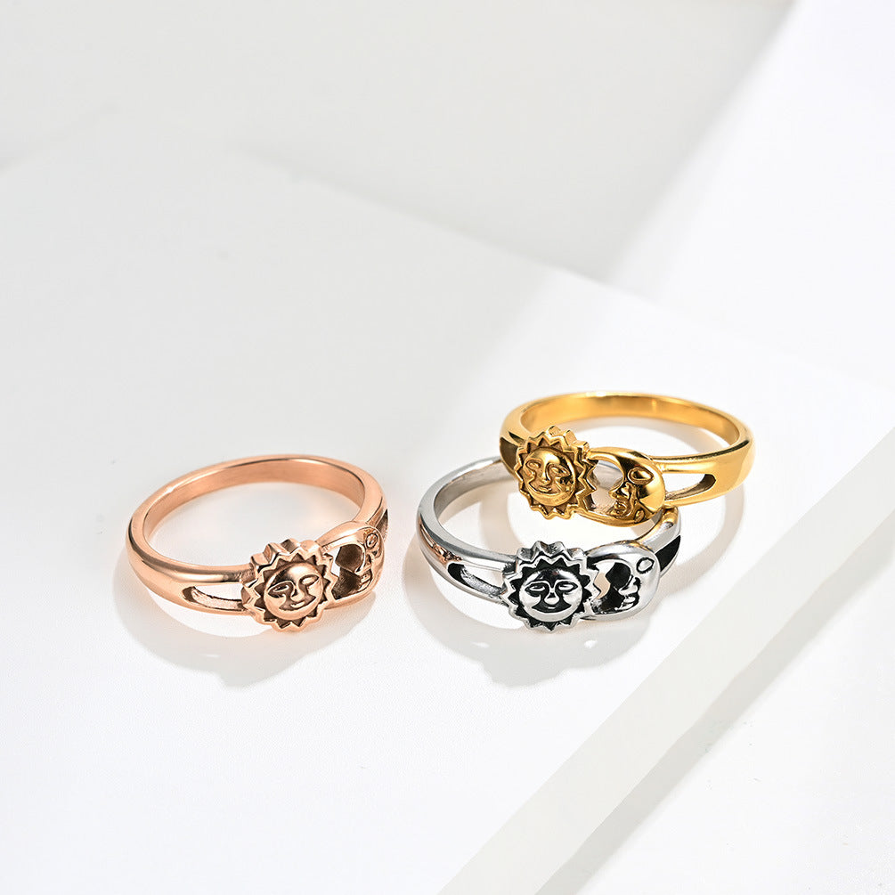 Unisex Män Dam Ringar Månen Sol Design Rostfritt Stål Roséguld Silver Färg Stor Amerikansk storlek 5 6 7 8 9 10 11 12