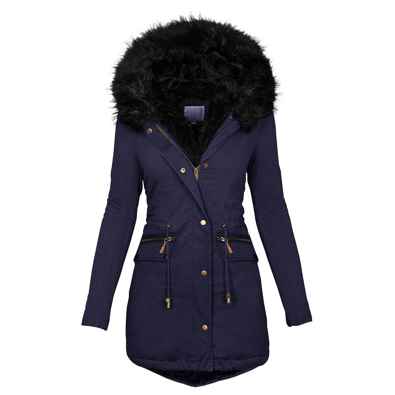 Women's Solid Color Fur Collar Hooded Mid-Length Warm Cotton Coat