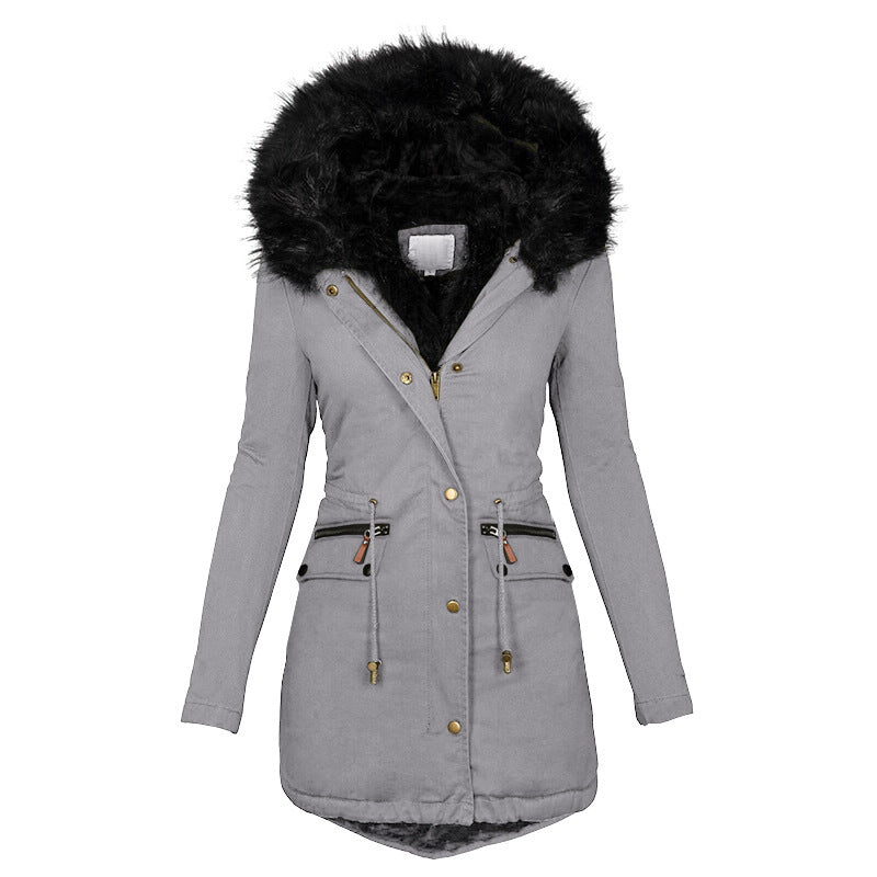 Women's Solid Color Fur Collar Hooded Mid-Length Warm Cotton Coat