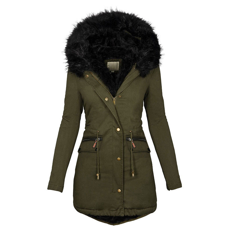Women's Solid Color Fur Collar Hooded Mid-Length Warm Cotton Coat