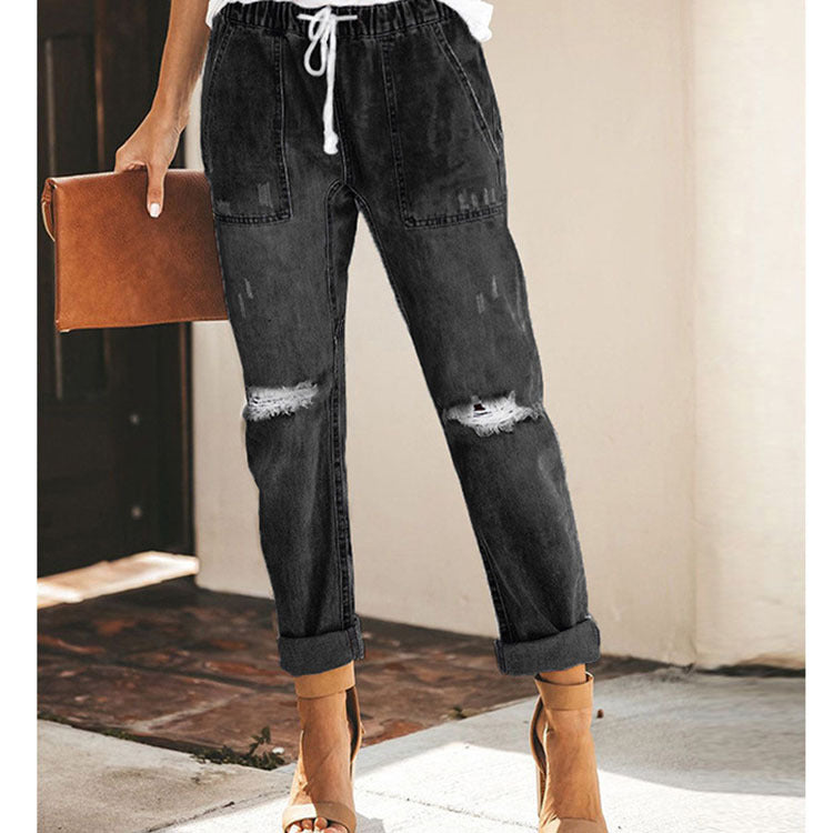 Straight Ripped Jeans For Women Drawstring Trousers With Pockets Fashion Pants - Urban Edge