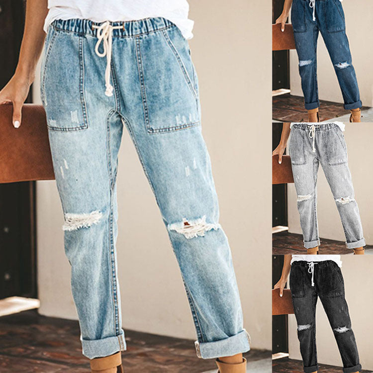 Straight Ripped Jeans For Women Drawstring Trousers With Pockets Fashion Pants - Urban Edge
