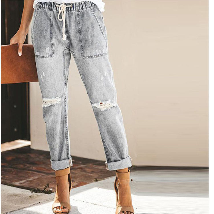 Straight Ripped Jeans For Women Drawstring Trousers With Pockets Fashion Pants - Urban Edge