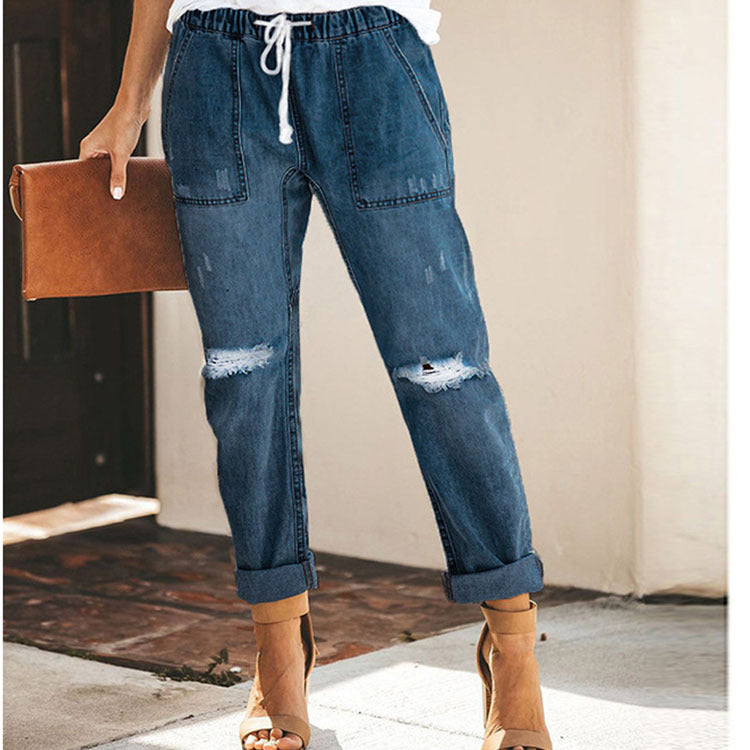 Straight Ripped Jeans For Women Drawstring Trousers With Pockets Fashion Pants - Urban Edge