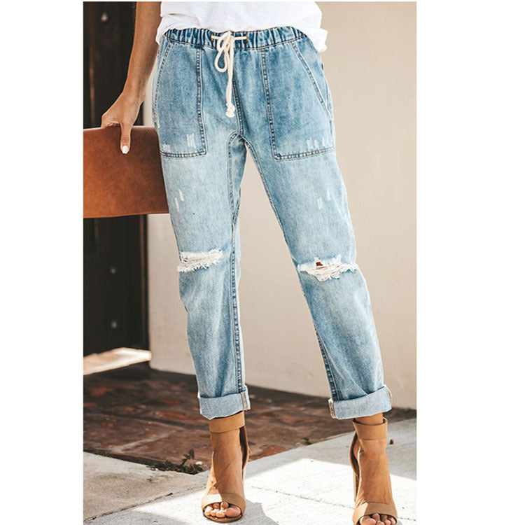 Straight Ripped Jeans For Women Drawstring Trousers With Pockets Fashion Pants - Urban Edge