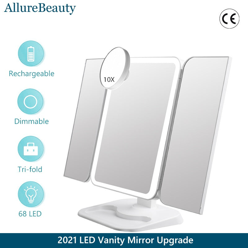 Trifold sminkspegel med ljus 68 LED Vanity speglar 10X förstoring 180Rotationer