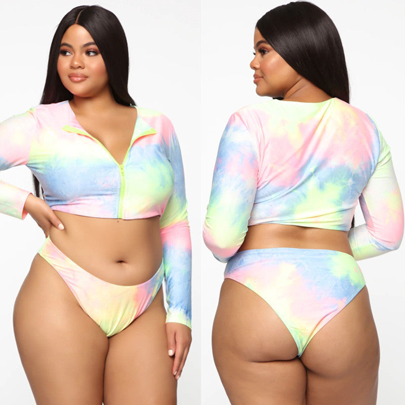 Bikini Långärmad Dragkedja Baddräkt Plus Size Färgglad Sexig Plus Baddräkt