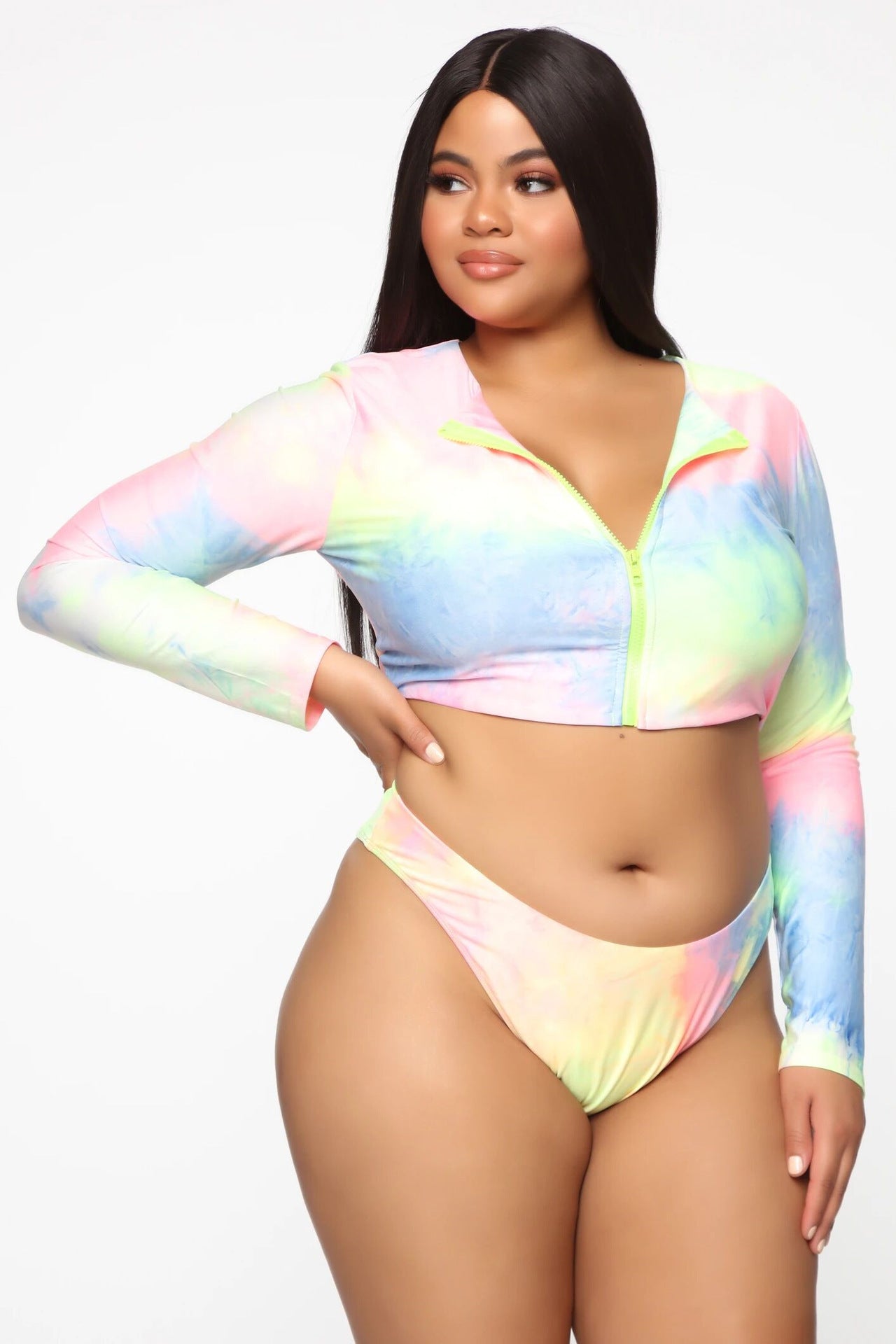 Bikini Långärmad Dragkedja Baddräkt Plus Size Färgglad Sexig Plus Baddräkt